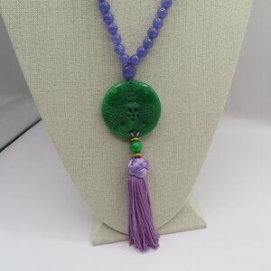 Jade Purple and Green Asian Koi Tasseled Necklace